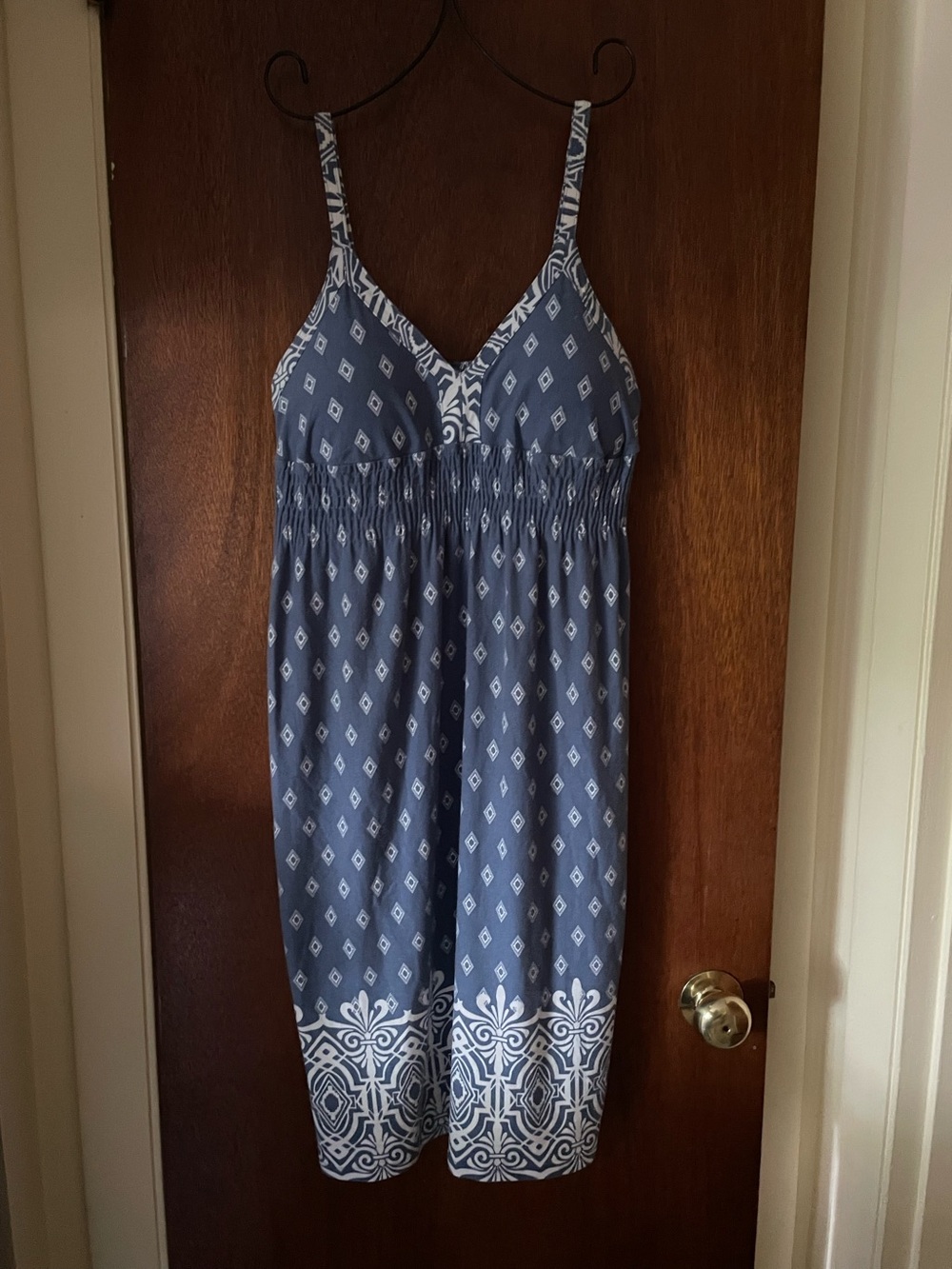 Athleta Blue Printed Cotton-Blend Chemise with White Border Detail